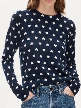 J.Crew 100% Cashmere classic-fit crewneck navy sweater heart print large NWT